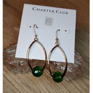 Charter club gold tone dangle drop earrings green bead geometric new nwt.